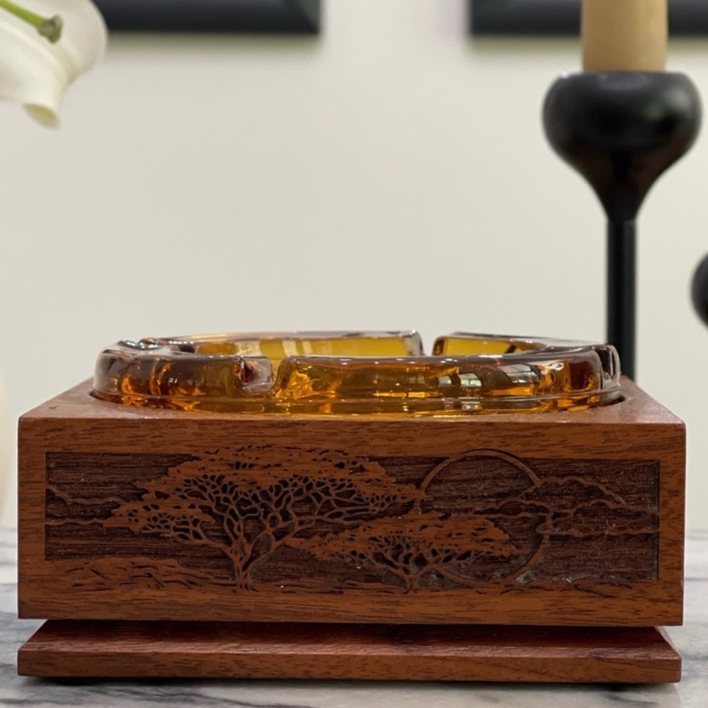 Vintage Amber Glass Ashtray or Trinket Dish with Detailed Woodworked Holder